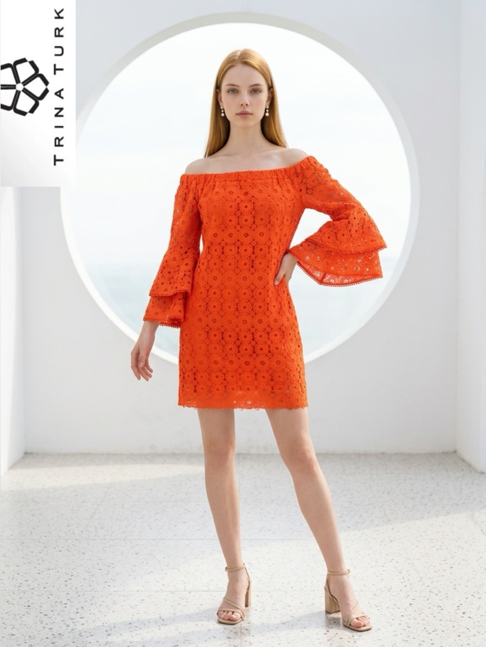 TRINA TURK Orange Lace Off Shoulder Angel Sleeve‎ Floral Mini Dress